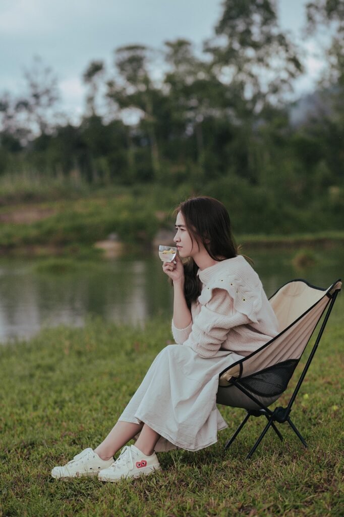 lake, woman, tea, portrait, nature, lakeside